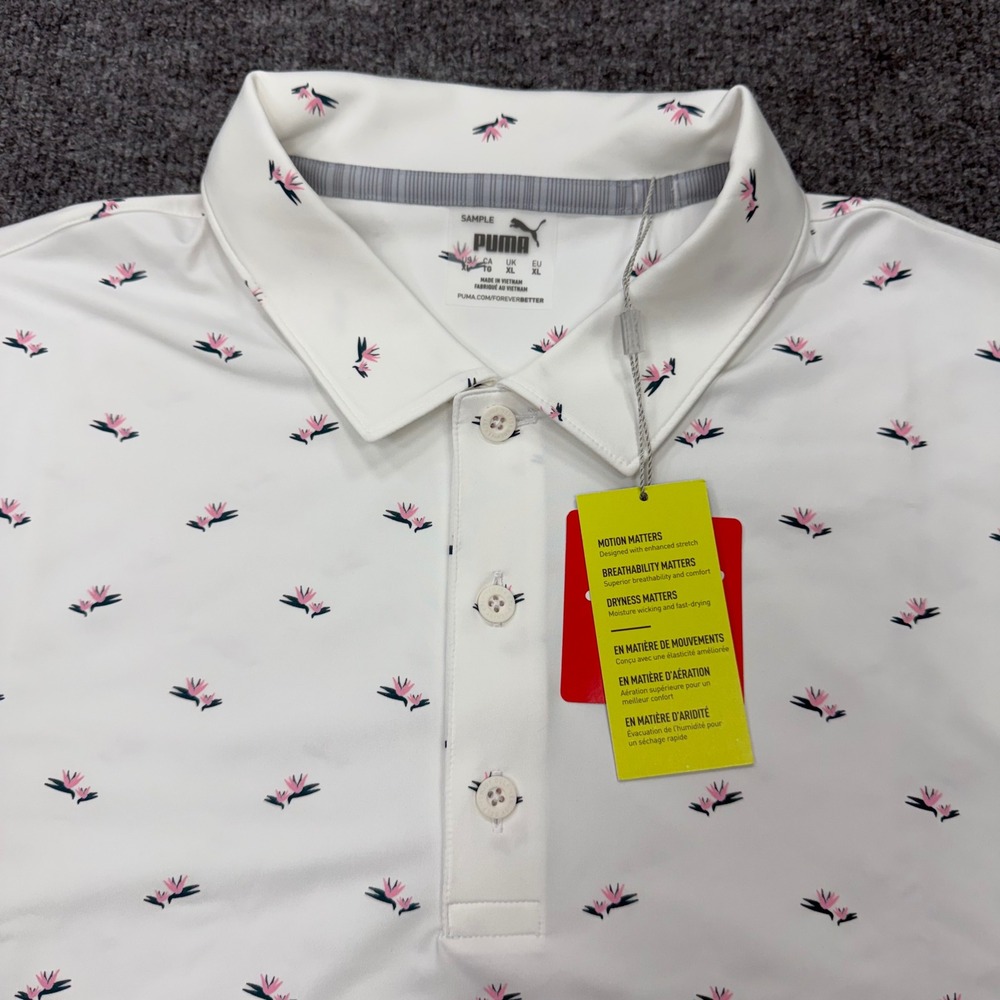 Puma Golf Men XL MATTR Polo Shirt White Bird of Paradise Floral Performance NEW - Picture 2 of 9